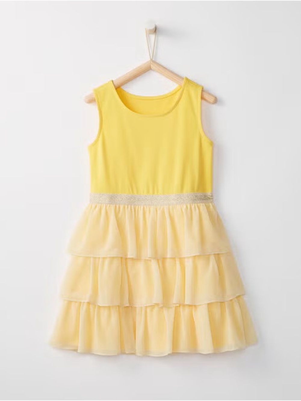 Hanna Andersson Lemon Yellow Sleeveless Tiered Dress with Glitter Waistband